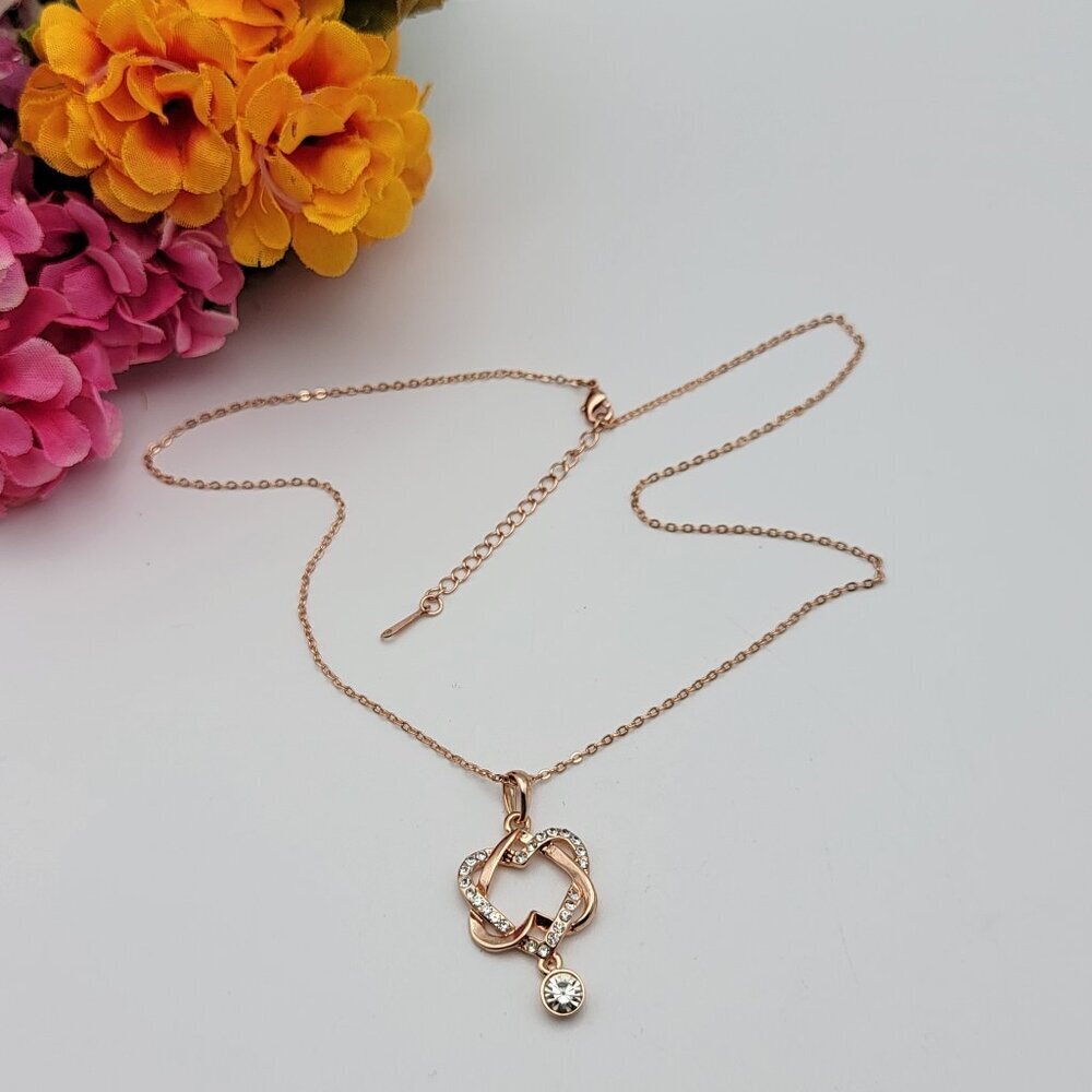 18K RGP Rose Gold Clear Cubic Zirconia Double Heart Pendant Necklace 20" Adj.